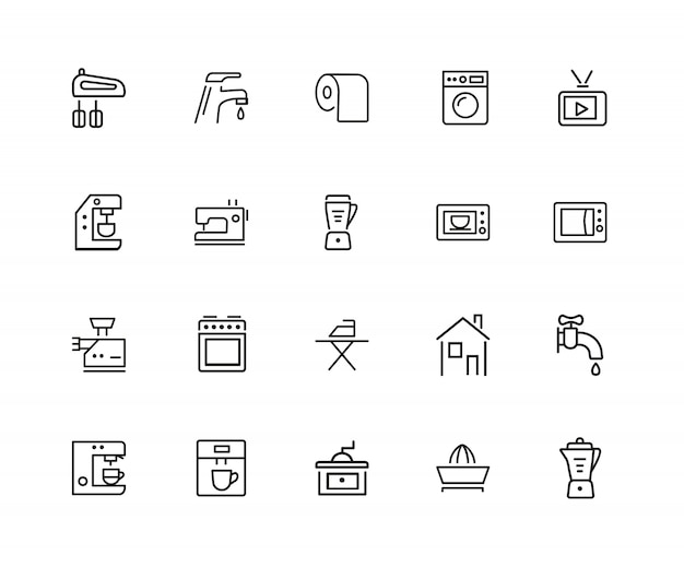 Household icons. set of twenty line icons. washing machine, tv set, sewing machine