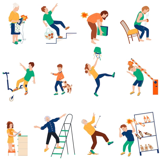 Vector household injuries flat set of isolated icons with characters of people getting civilian traumas at home vector illustration