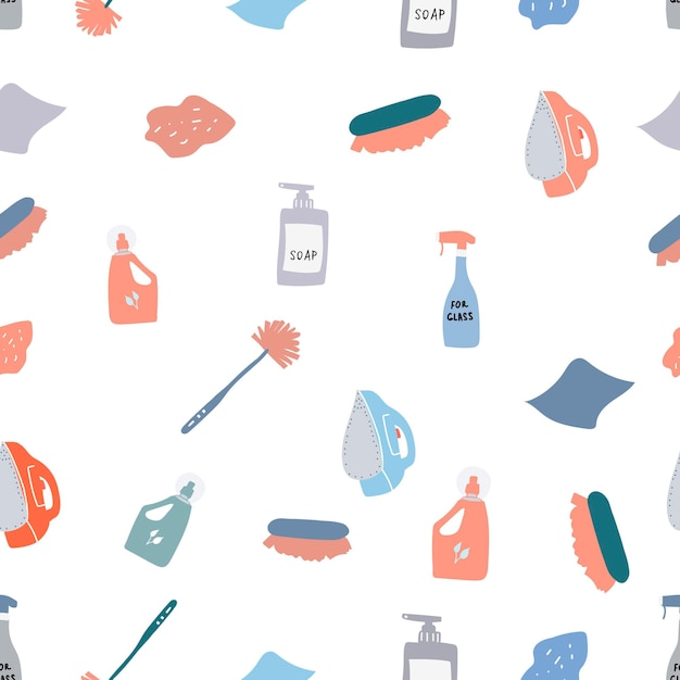 Household items for cleaning and washing seamless pattern. Rags, mop, soap, brush, bucket