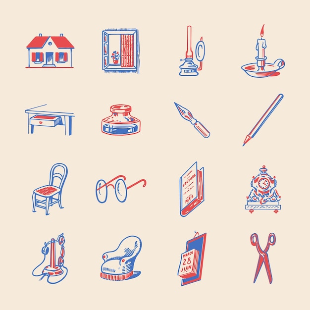 Household items old vintage illustration