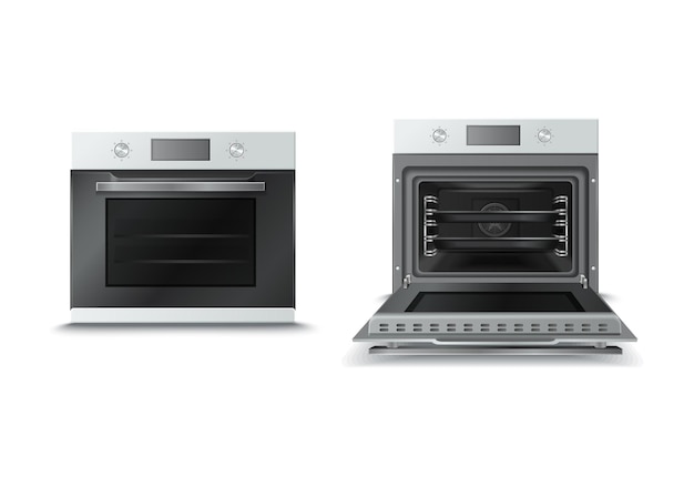 Household kitchen appliance cooker range combining stove and oven with opened and closed door realistic illustration