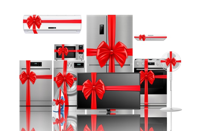 Elettrodomestici e cucina con nastro rosso e fiocco forno a microonde frigorifero aspirapolvere frullatore tostapane concetto regalo realistico vettore 3d isolato dispositivo elettrico