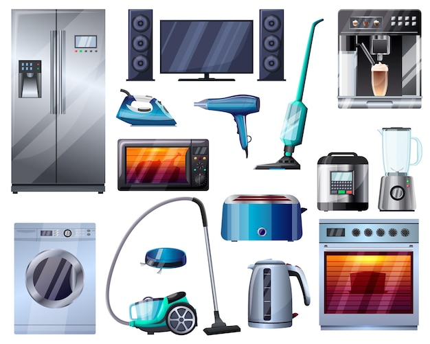 Household kitchen electrical appliances refrigerator vacuum cleaner microwave oven coffee machine cooking cleaning tools washing machine blender home technology items vector illustration