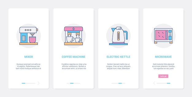 Household kitchen electrical home appliances ux, ui onboarding mobile app page screen set
