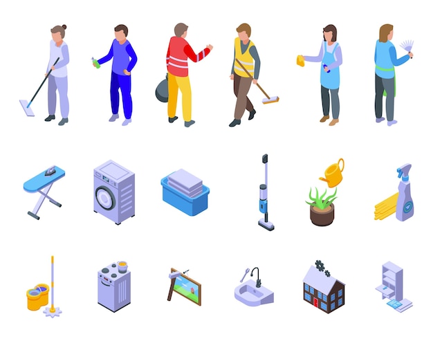Household occupations icons set isometric vector Clean surface Sanitary bacteria