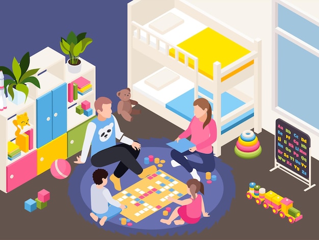 Household quarantine isolation isometric composition with family playing with children illustration