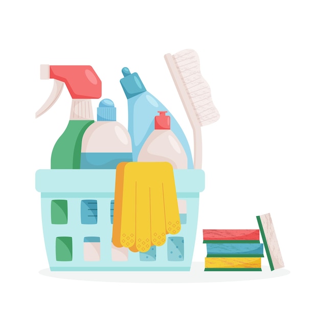 Vector household supplies and cleaning tools in basket