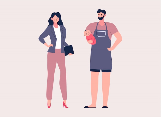 Househusband and business woman cartoon character illustration