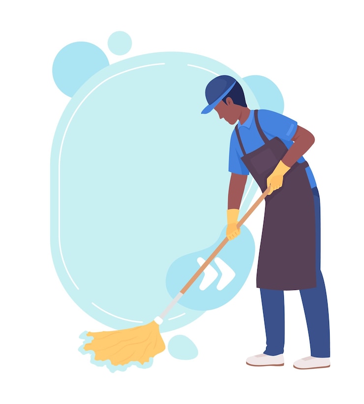 Vector housekeeper mopping floor quote textbox with flat character