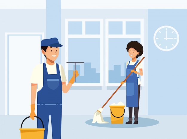 Vector housekeeping couple workers cleaning room with tools characters