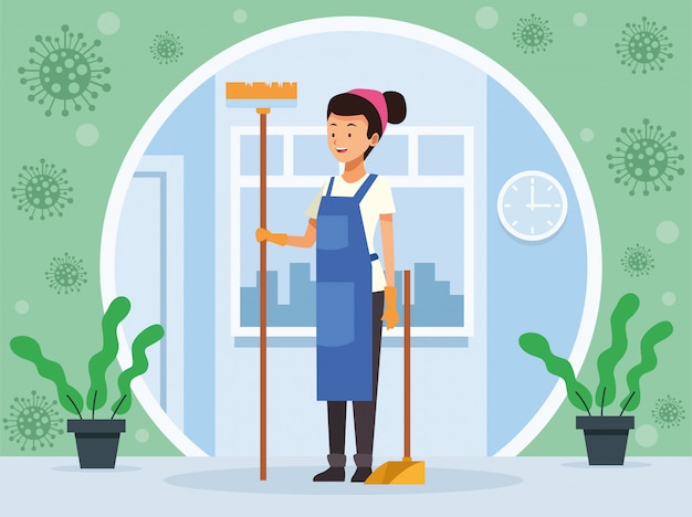 Housekeeping female worker with broom and dustpan avatar character