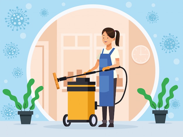 Housekeeping female worker with cleaner vacuum avatar character