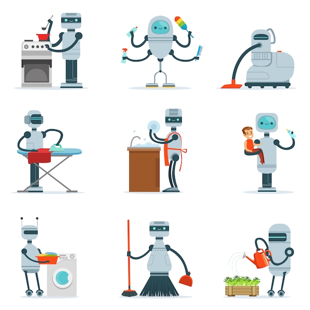ベクトル 家事の掃除を行う家事用家庭用ロボットとその他の任務androidを使用した未来的なイラストのシリーズ