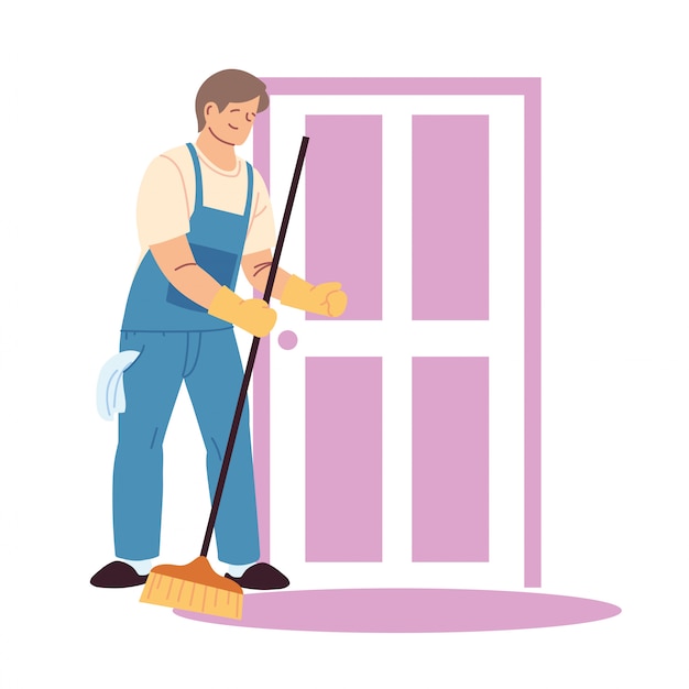 Vector housekeeping man doing house cleaning work