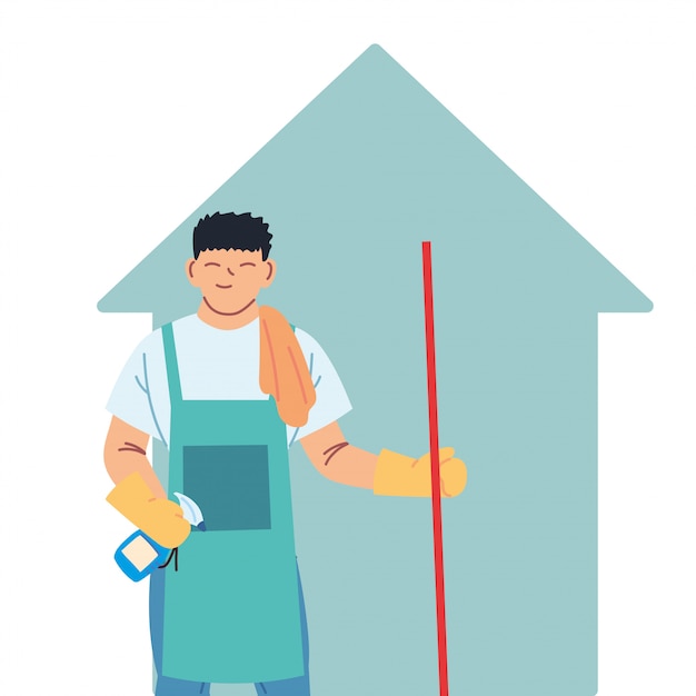 Uomo delle pulizie facendo lavori di pulizia della casa