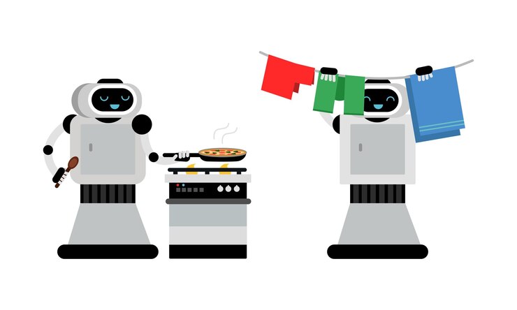 Vector housekeeping robot performing domestic chores vector set