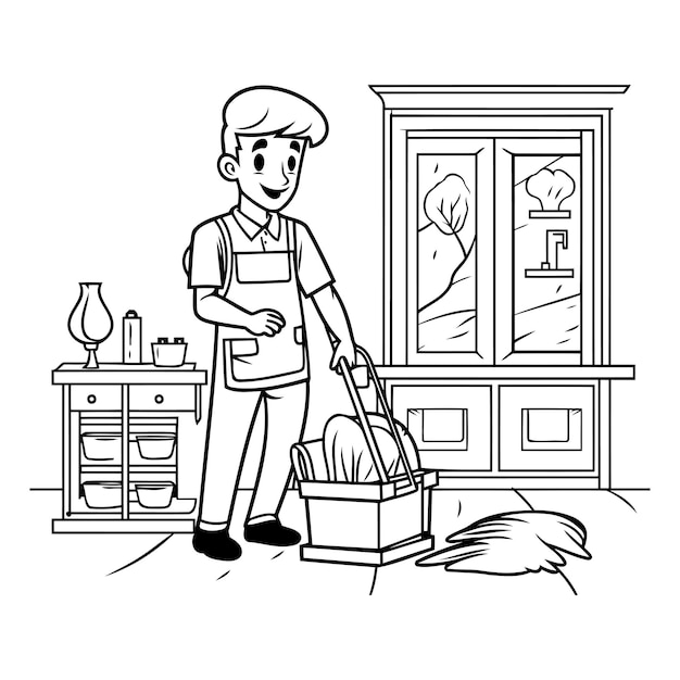 Vector housekepping man with mop and cleaning equipment cartoon vector illustration graphic design