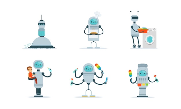 housemaid robots characters set home robotic assistant helping people with housework cartoon vector illustration