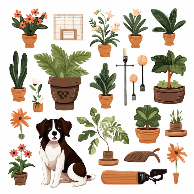 Vector houseplant collection with dog