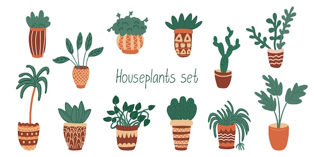 Houseplant set hand drawn illustrations of potted plants