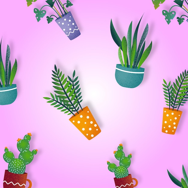 Houseplants background, seamless pattern of indoor plants in pots and vases on pink background