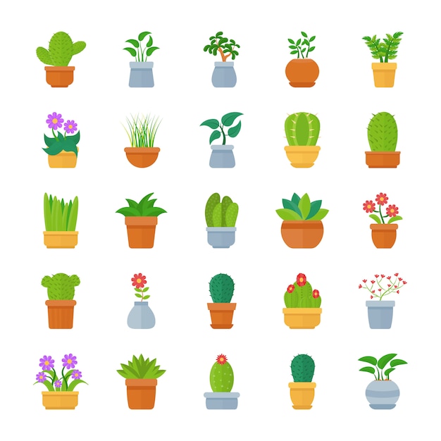 Комнатные растения Плоский Векторный Icon Pack