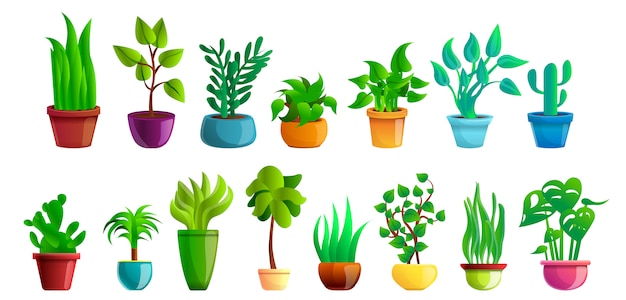 Houseplants icons set, cartoon style