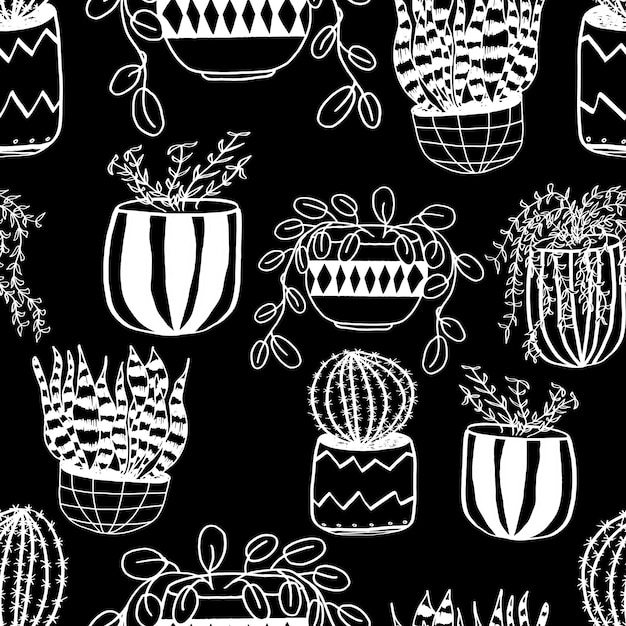 Houseplants in pots vector seamless pattern