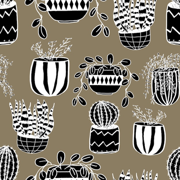 Houseplants in pots vector seamless pattern