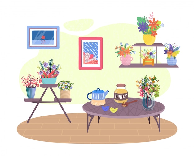 Комната комнатных растений, мультипликационная гостиная или кухня уютной квартиры с горшком для цветов, домашнего декора