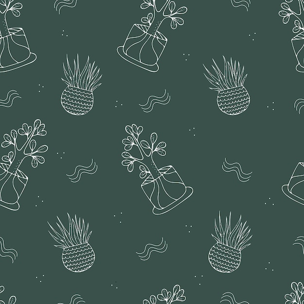 Houseplants, seamless pattern with indoor plants on a green background