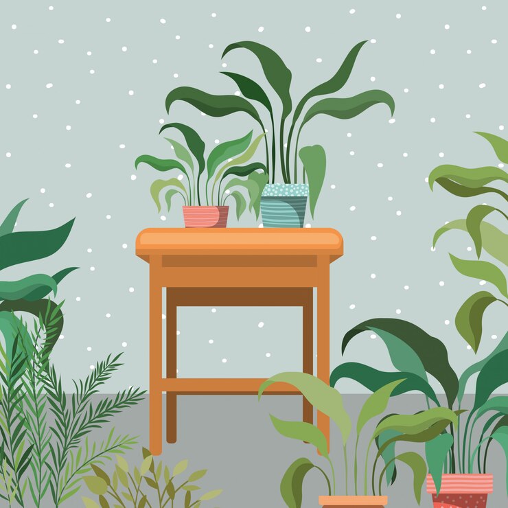 Vector houseplants in wooden chair garden scene