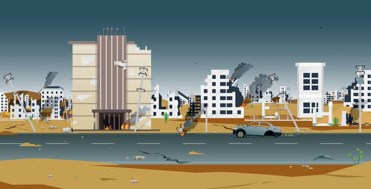 वेक्टर houses and buildings in the city were destroyed by war