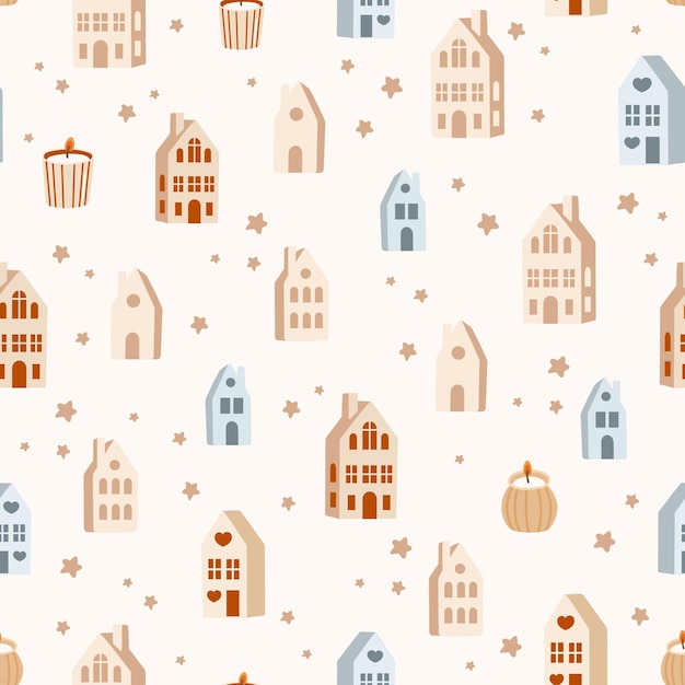 Vector houses and candles  digital paper. christmas seamless pattern