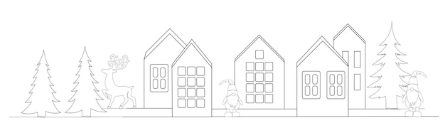 Houses drawing by one continuous line, sketch
