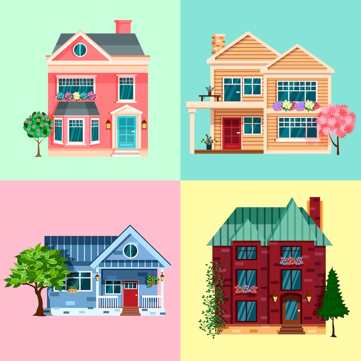 Vector houses and residential buildings, real estate vector. family house and mansions, townhouse villas, city private property and town architecture.