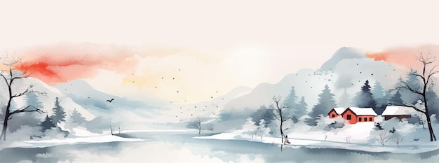 houses on the river bank in winter watercolor landscape vector illustration
