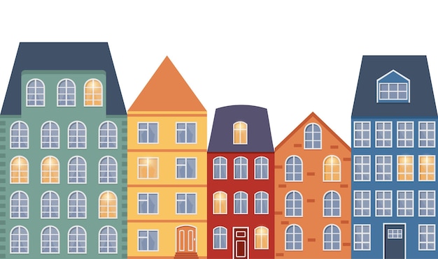 Houses in scandinavian style, street, vector set