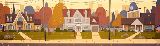 Vector houses suburb of big city in autumn, cottage real estate cute town concept