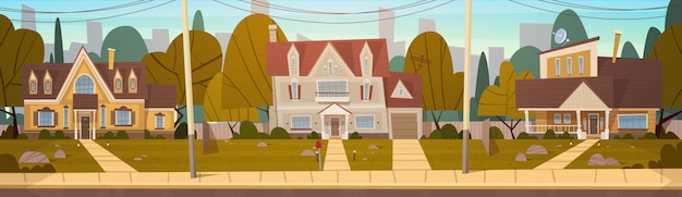 Vector houses in suburb of big city in summer, cottage real estates cute town concept