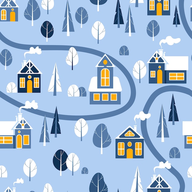 Houses and trees in the snow Cute bright Christmas illustration in Scandinavian style