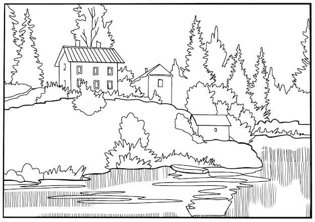 Houses among the trees stand on the banks of the river Coloring book