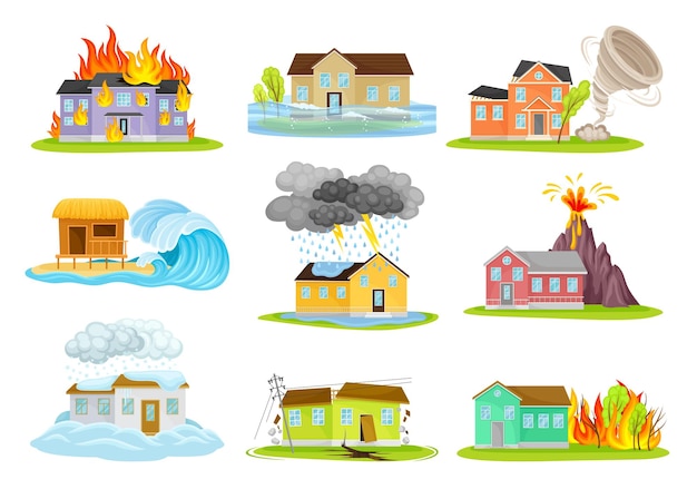 Vector houses undergoing natural disasters like fire and tornado vector set