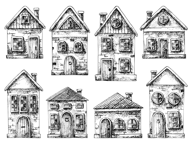 Schizzo vettoriale delle case illustrazione disegnata a mano gravatura di edifici di villaggi e città disegno monocromatico