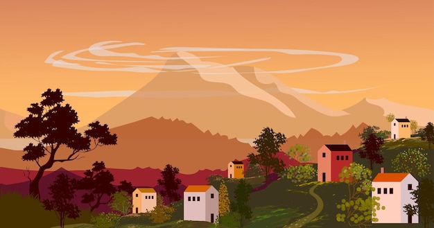 Vector houses on village countryside mountain view on background vector illustration nature landscape