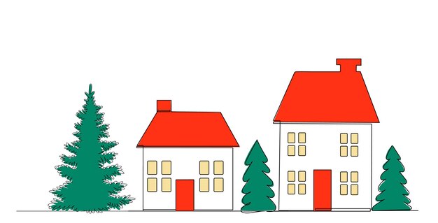 houses with fir trees sketch continuous line drawing vector