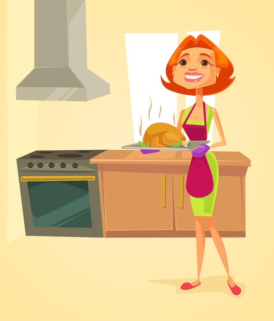 Vector housewife character in kitchen hold fried chicken cartoon illustration