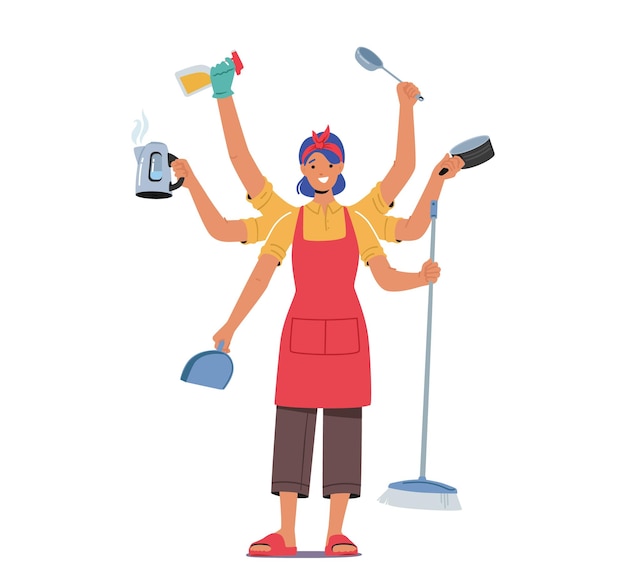 Вектор Персонаж домохозяйки со многими руками, держащими различные предметы домашнего обихода, чайник, совок, щетка и моющее средство с кастрюлей