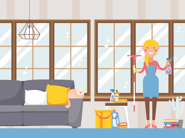 Vector housewife cleaning apartment