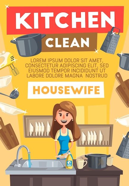 Housewife cleaning kitchen cartoon vector